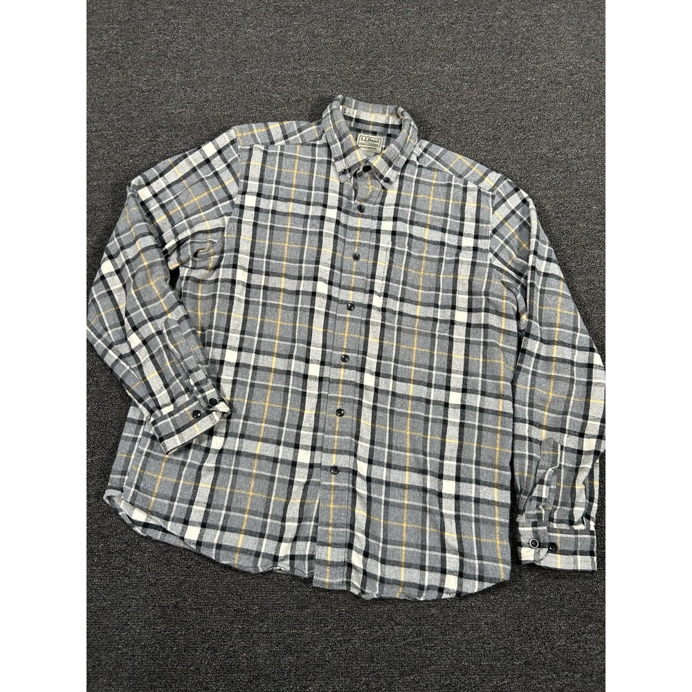 LL Bean Flannel Shirt Men's Medium‎ Button Down Gray Plaid Traditional Fit Gorp